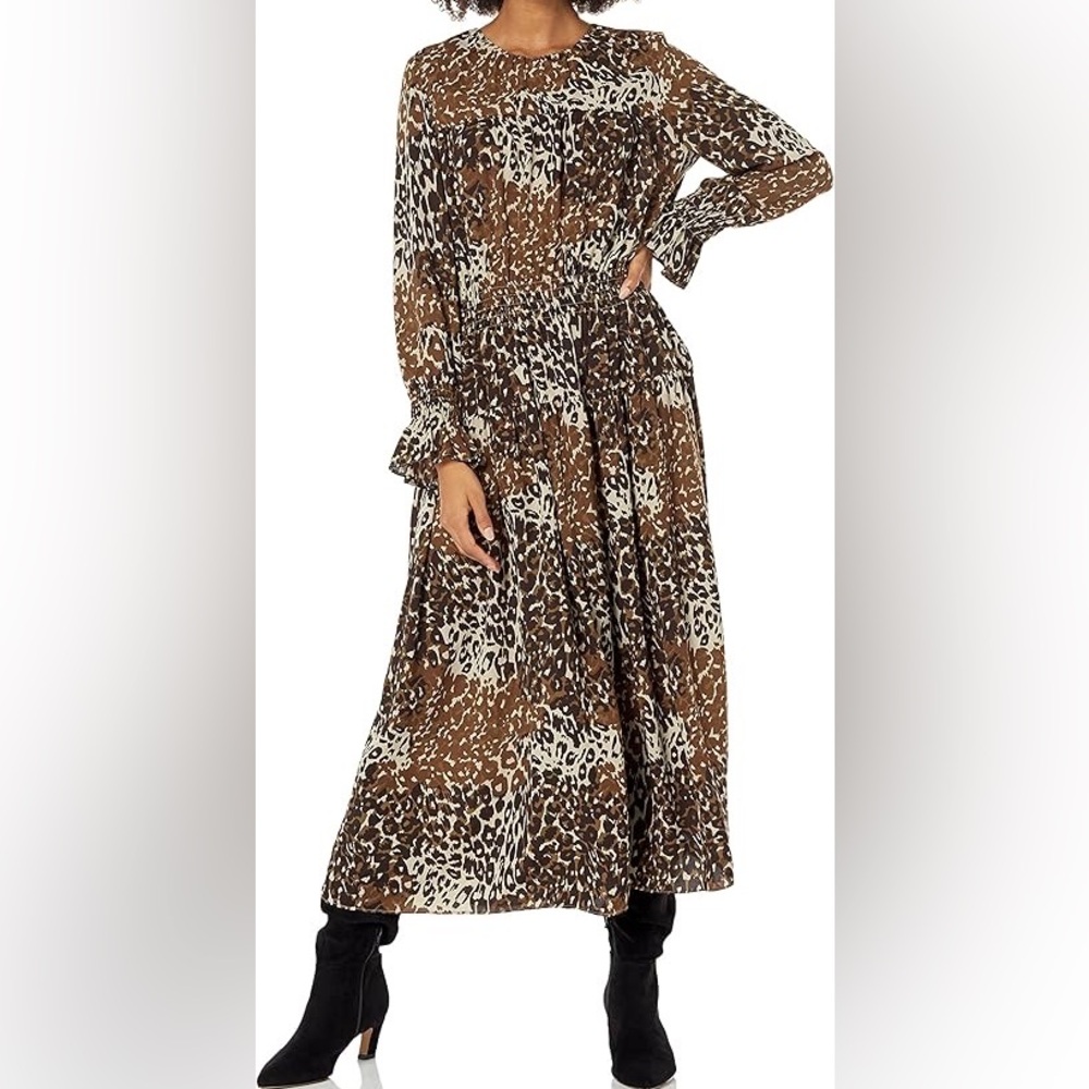 Leopard Print Smocked Waist Maxi Dress Brown Tan Long Sleeve‎ Tiered Boho L